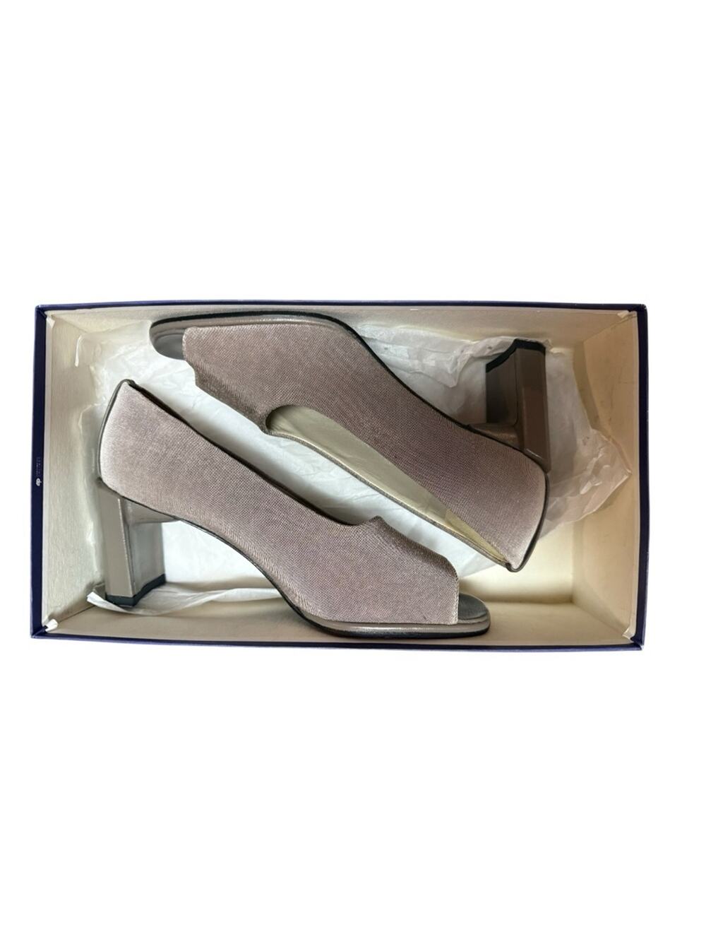 Vintage Stuart Weitzman Dusty Taupe Fabric Block Heel peep toe Pumps
